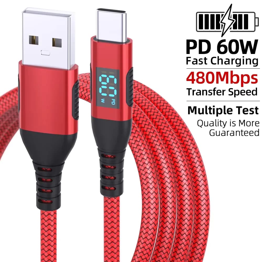 كابل عالي الجودة USB إلى Type C 60W سلك شحن سريع مع شاشة LED لهواتف Xiaomi وSamsung وأجهزة الكمبيوتر المحمولة كابل USB C بطول 1م و2م و3م