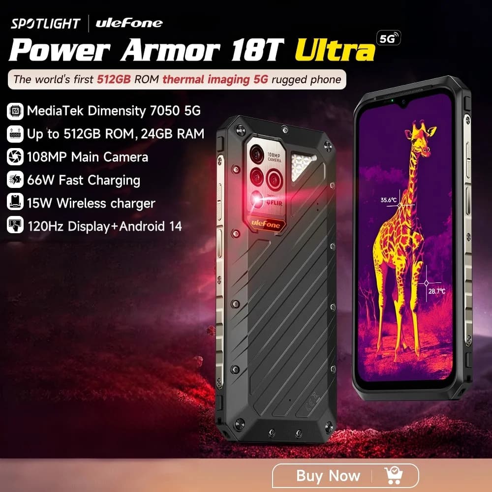 هاتف Ulefone Power Armor 18T Ultra 5G متين مع تصوير حراري، ذاكرة رام 24 جيجابايت، ذاكرة داخلية 512 جيجابايت، شاشة 6.58 بوصة، معدل تحديث 120 هرتز، كاميرا 108 ميجابكسل، نظام أندرويد، يدعم NFC