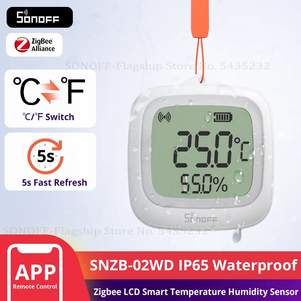 سونوف SNZB-02WD IP65 زيجبي شاشة LCD ذكية لقياس درجة الحرارة والرطوبة مقاومة للماء تعمل مع أليكسا وجوجل هوم تتطلب مركز زيجبي من سونوف