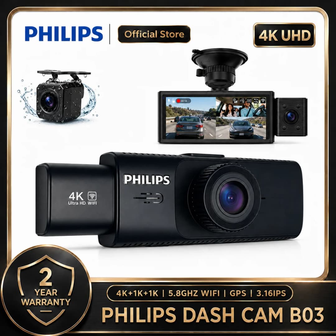 كاميرا سيارة PHILIPS Dash Cam B03 بدقة 4K+1K+1K HDR 3 قنوات أمامية وخلفية وداخلية بشاشة 3.16 بوصة IPS واي فاي 2.4G و5.8G تطبيق GPS دعم الوقوف 24 ساعة