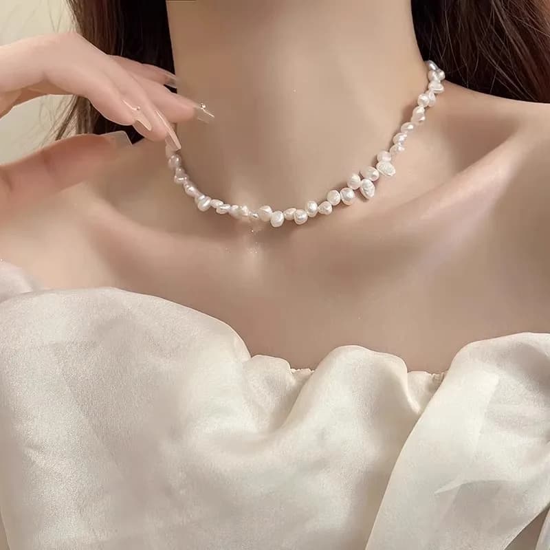 عقد لؤلؤ تقليد غير منتظم قديم قابل للتعديل سلسلة ترقوة نسائية بسيطة عقود خرز أبيض مجوهرات زفاف - 4