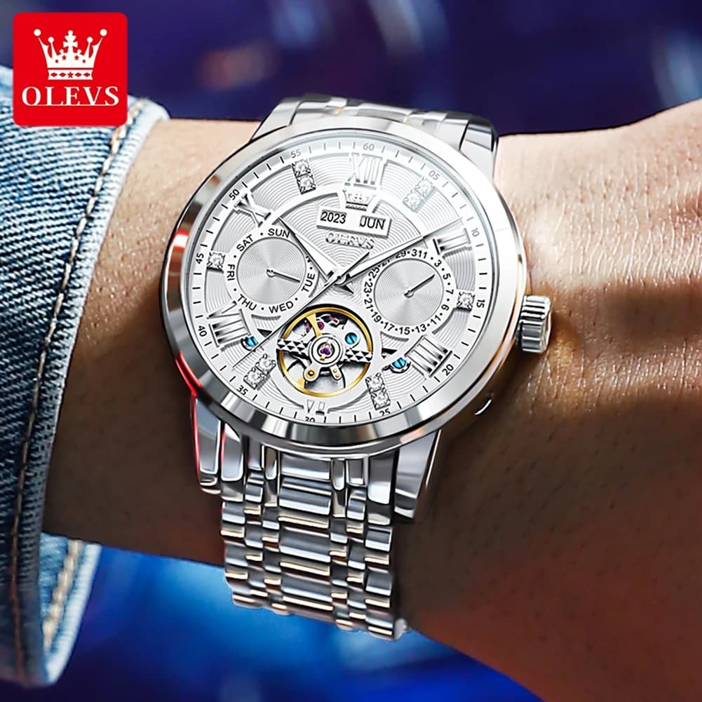 OLEVS Men's Watches Skeketon Flywheel Automatic Mechanical Original Wristwatch for Man Waterproof Luminous Perpetual Calendar - 4