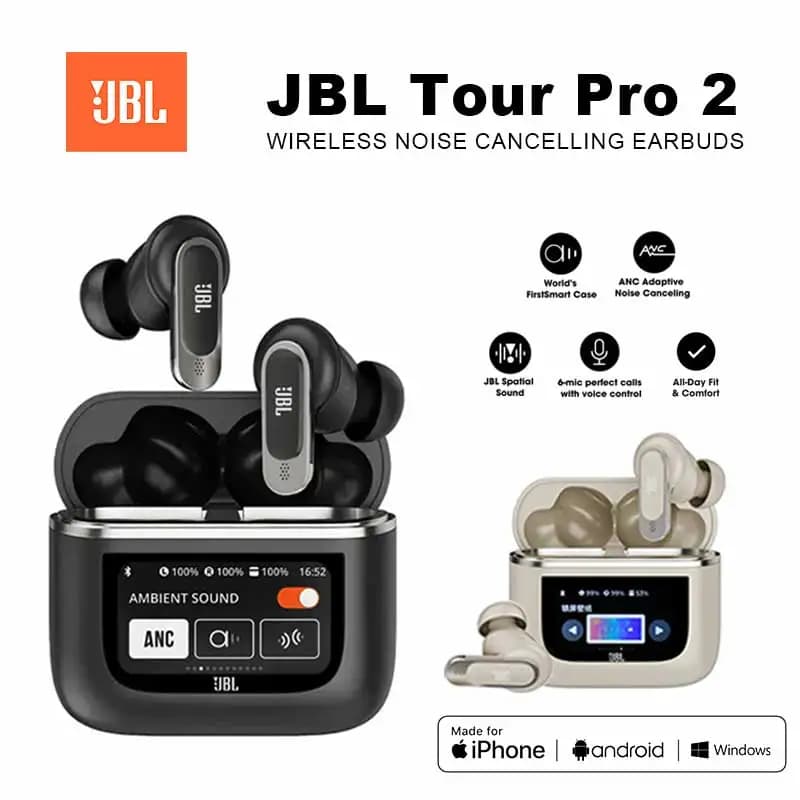 سماعات الرأس اللاسلكية الأصلية JBL Tour Pro 2 مع تقنية إلغاء الضوضاء وعلبة عرض ذكية LED، سماعات أذن JBL Tour Pro2