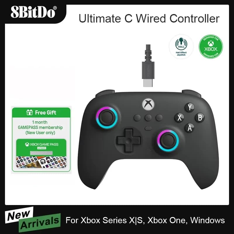 وحدة تحكم ألعاب سلكية 8BitDo Ultimate C لـ Xbox Series X/S Xbox One مع إضاءة RGB عصي تحكم بتأثير هول لـ Windows 10/11