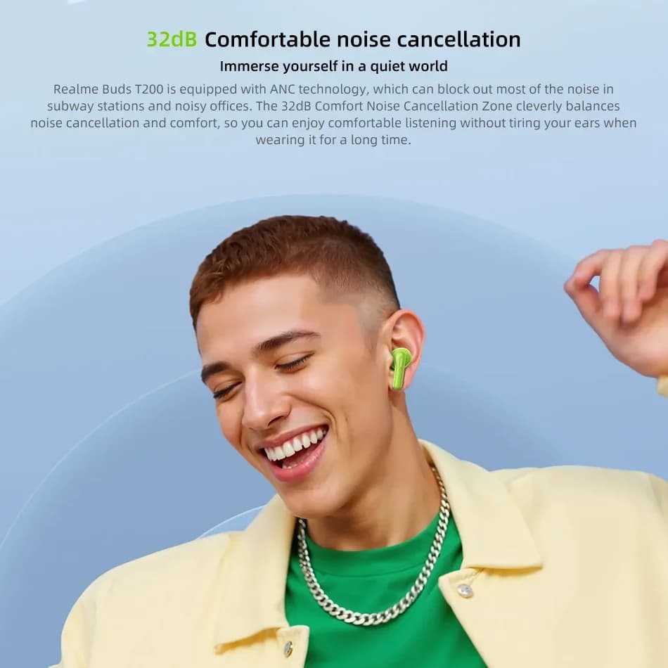 سماعات الرأس الجديدة Realme Buds T200، تقليل الضوضاء النشط 32dB، إلغاء الضوضاء للمكالمات بتقنية الذكاء الاصطناعي، عمر بطارية يصل إلى 50 ساعة، سماعات أذن لاسلكية TWS - 5