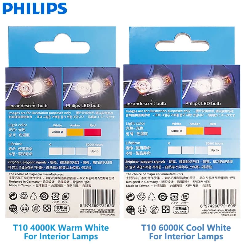 مصابيح داخلية للسيارة Philips LED T10 W5W Ultinon Pro6000، 4000K و6000K، بيضاء ساطعة، إشارة دوران بدون وميض أو أخطاء، زوج - 2