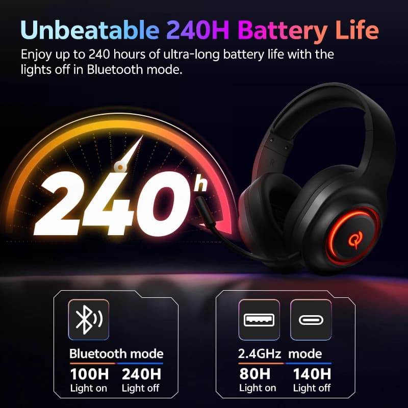سماعات رأس QCY Heroad V200 للألعاب اللاسلكية بلوتوث 6.0 فوق الأذن 50 ملم مشغل 20 مللي ثانية تأخير منخفض RGB 240 ساعة - 2