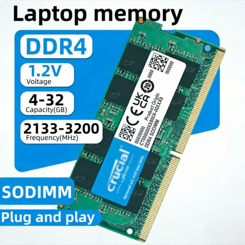 ذاكرة محمول من Crucial DDR4 بسعات 4 جيجابايت و 8 جيجابايت و 16 جيجابايت و 32 جيجابايت بترددات 2133 ميجاهرتز و 2400 ميجاهرتز و 2666 ميجاهرتز و 3200 ميجاهرتز SODIMM 1.2V متوافقة مع أجهزة HP و Dell و Intel و AMD