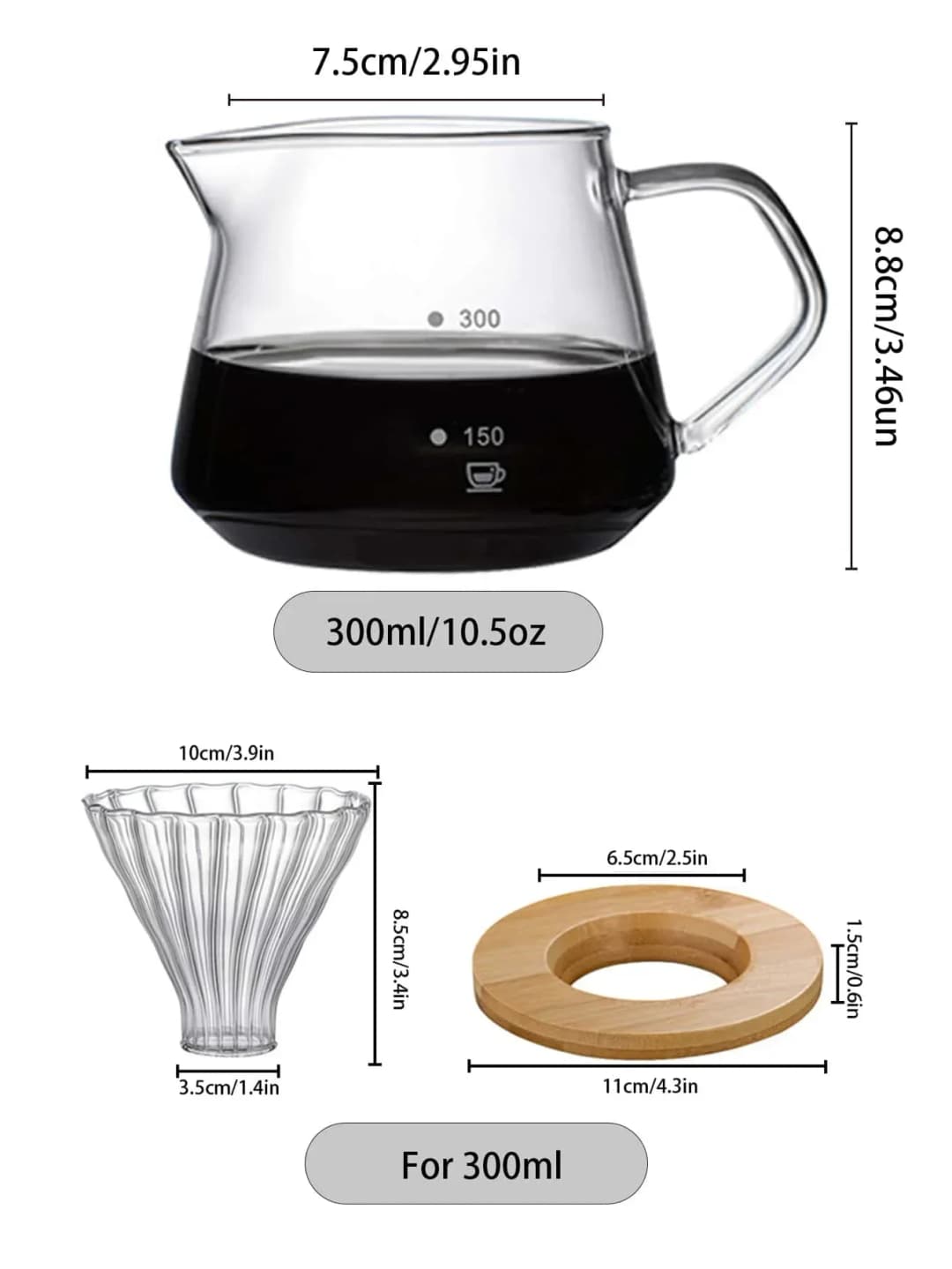 Pour Over Coffee Maker Set Glass Carafe Coffee with Glass Coffee Filter Drip Coffee Maker Set for Home or Office 600ml 300ml - 4