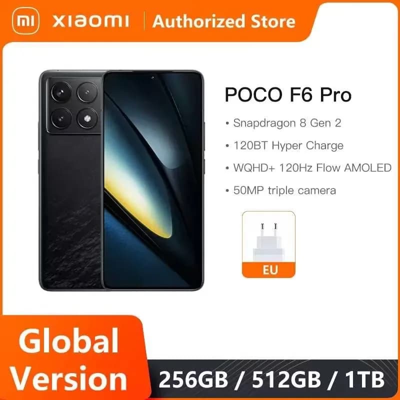 هاتف POCO F6 Pro نسخة عالمية معالج Snapdragon® 8 Gen 2 شاشة WQHD+ بمعدل تحديث 120 هرتز من نوع Flow AMOLED شحن فائق السرعة 120 واط كاميرا ثلاثية 50 ميجابكسل