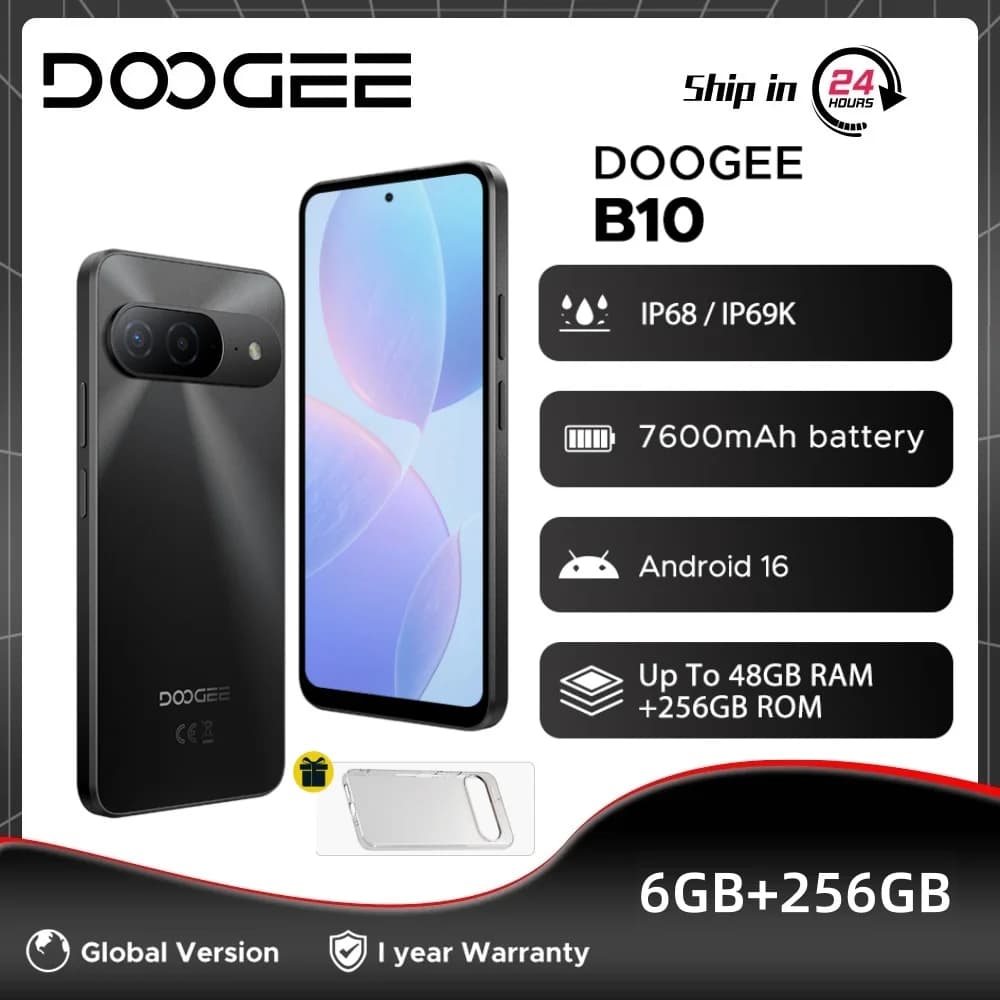 هاتف DOOGEE B10 بنظام أندرويد 16، ذاكرة وصول عشوائي 48 جيجابايت، سعة تخزين 256 جيجابايت، مقاوم للماء والغبار IP68 / IP69K، معالج Helio G100، بطارية كبيرة 7600 مللي أمبير، كاميرا 64 ميجابكسل