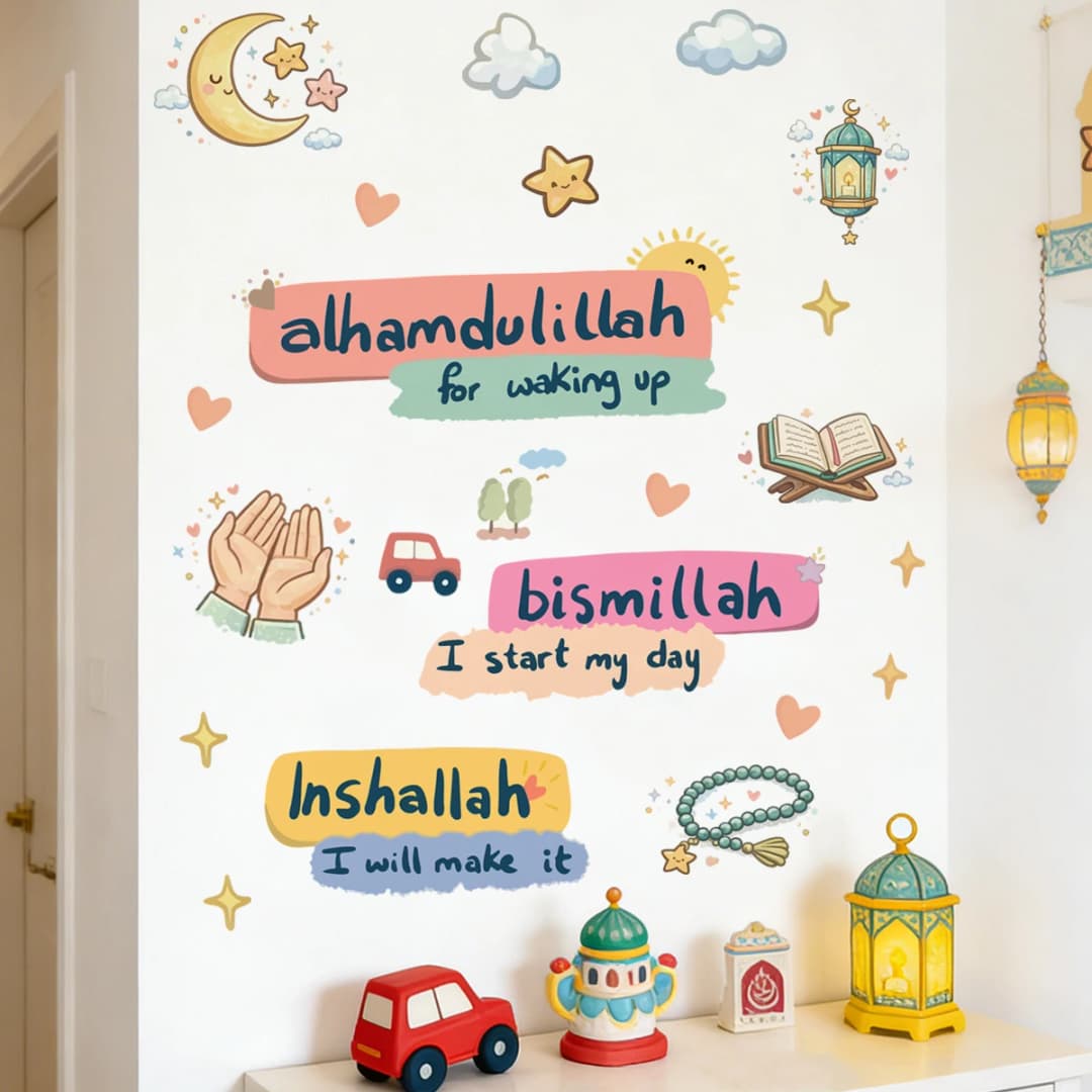 ملصق حائط بعبارات يومية كرتونية إسلامية مع هلال ونجوم، ديكور فني تحفيزي ديني للمنزل، مناسب لغرف المعيشة والنوم للمسلمين