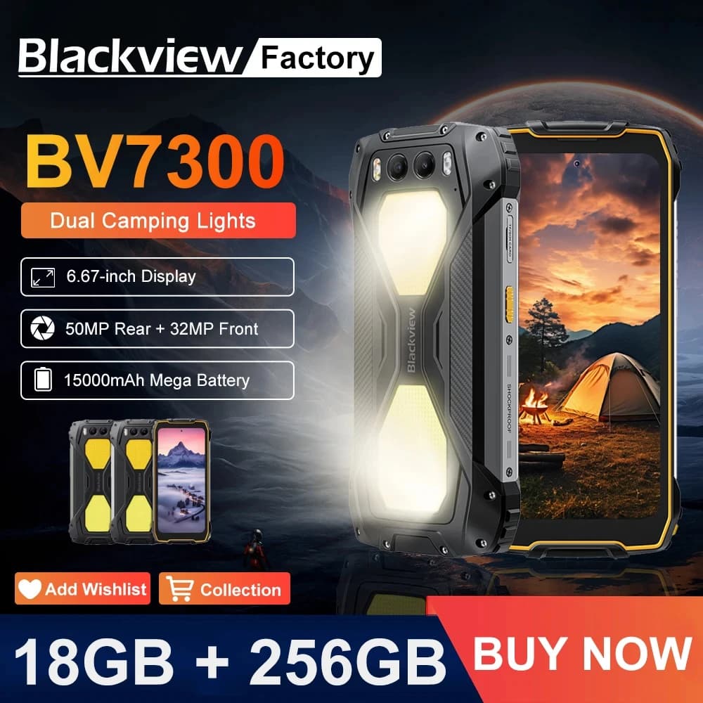 بلاكفيو BV7300 هاتف متين، 18 جيجابايت (6+12)، 256 جيجابايت، إضاءة تخييم مزدوجة، معالج هيليو G81 ثماني النواة، بطارية 15000 مللي أمبير، هاتف ذكي أندرويد 14