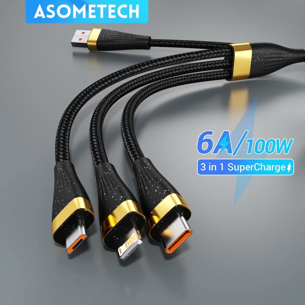 كابل شحن ASOMETECH 3 في 1، USB 6A 100 واط لهواوي/أونور، كابل مايكرو USB TypeC محمول لآيفون 14 وسامسونج