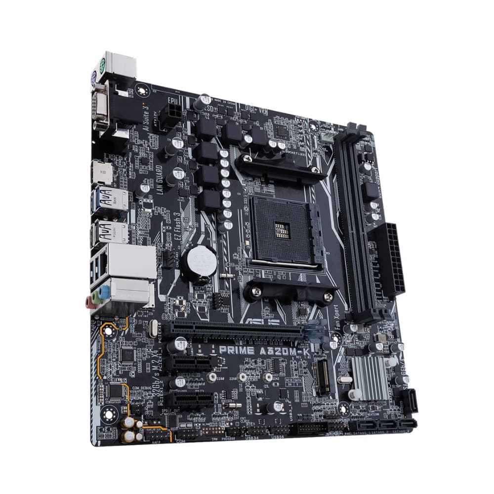 لوحة أم ASUS PRIME A320M-K تدعم معالجات AMD AM4 مثل R5 5600 و 3500X و R7 5700X و 1800X و R3 3200G و R9 5950X مع 4 منافذ DDR4 بسعة 128 جيجابايت ومنافذ HDMI و DVI بحجم mATX - 4