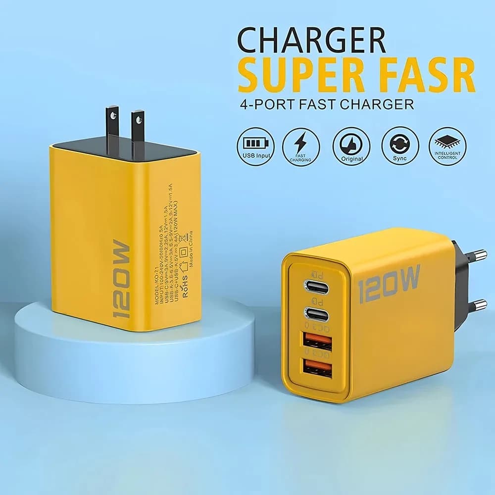 شاحن سريع بقوة 120 واط مع كابل USB Type C لشحن الهاتف السريع محول طاقة لهاتف iPhone و Xiaomi و Samsung شاحن حائط سريع الشحن - 3