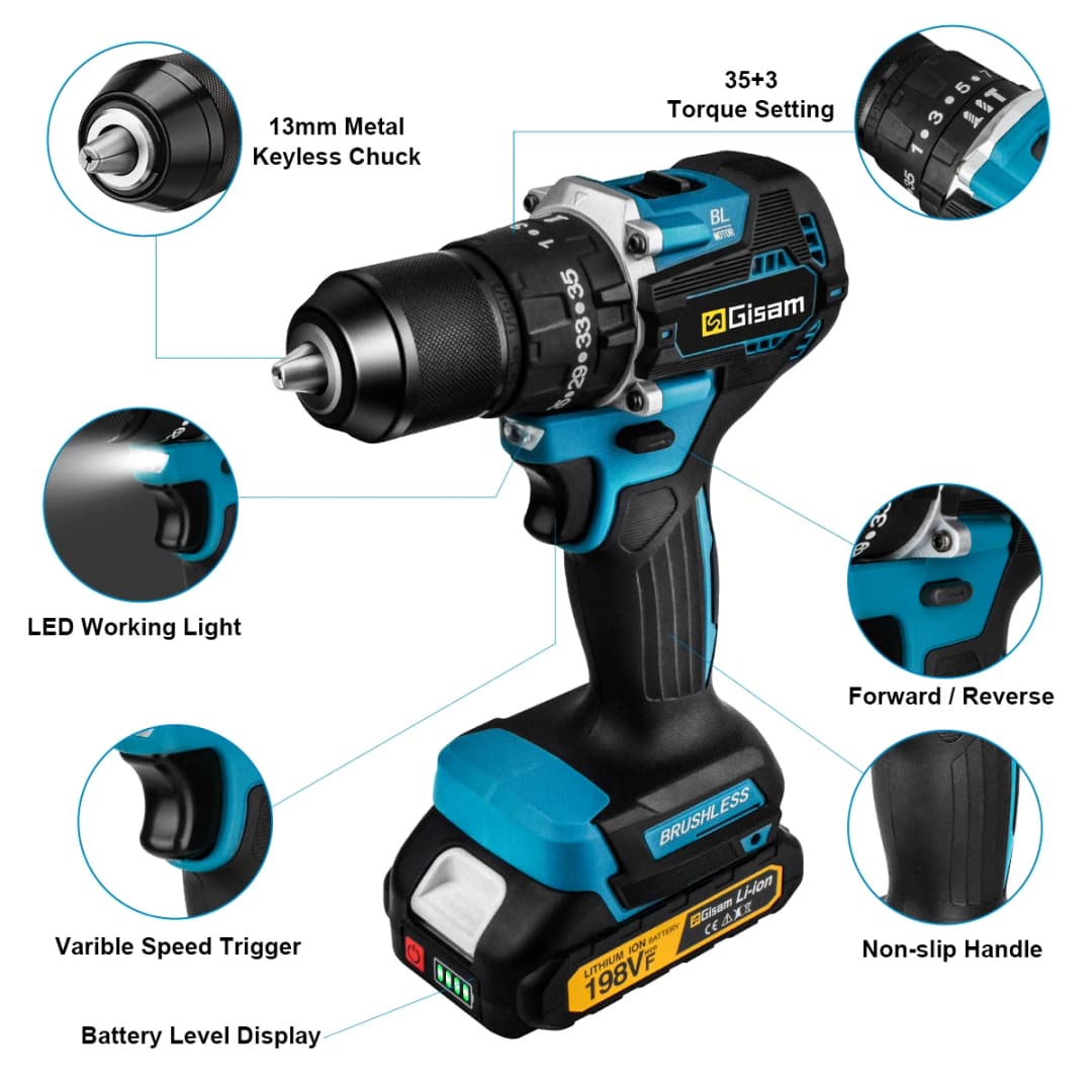 Gisam 65N.m 13MM 35+3 Torque Brushless Electric Impact Drill Cordless Electric Screwdriver Power Tool For Makita 18V Battery Pin - 5