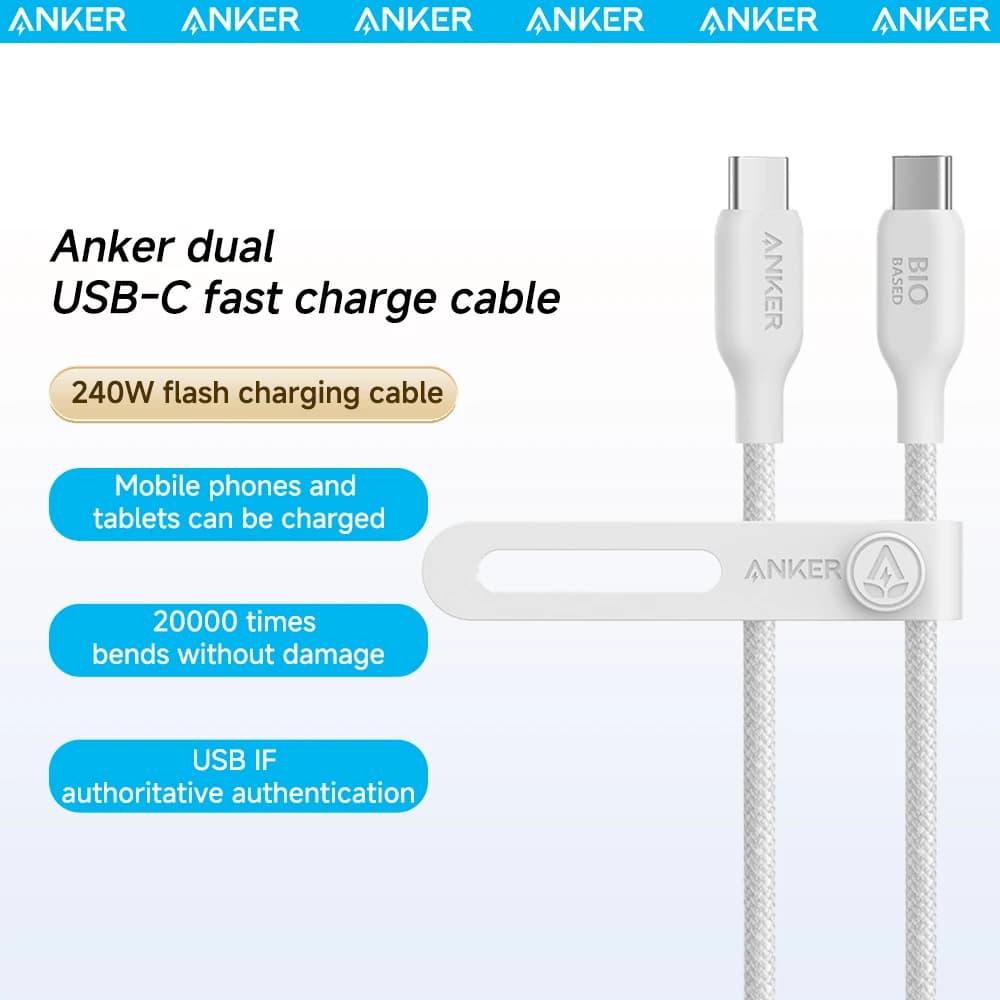 أنكر كابل USB-C إلى USB-C بقوة 240 واط، كابل بيانات من النايلون الحيوي المضفر صديق للبيئة لهواتف آيفون 15 وآيباد برو وماك بوك وأندرويد