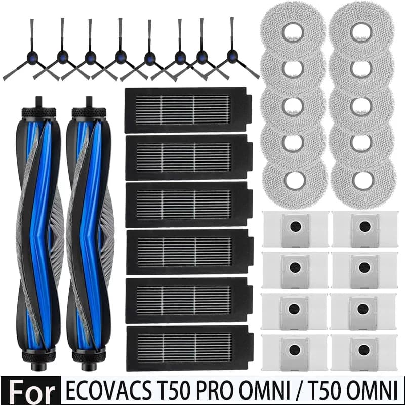 قطع غيار مكنسة روبوتية ECOVACS T50 PRO OMNI / T50 OMNI، فرش جانبية رئيسية، مناديل تنظيف، فلاتر HEPA، أكياس غبار