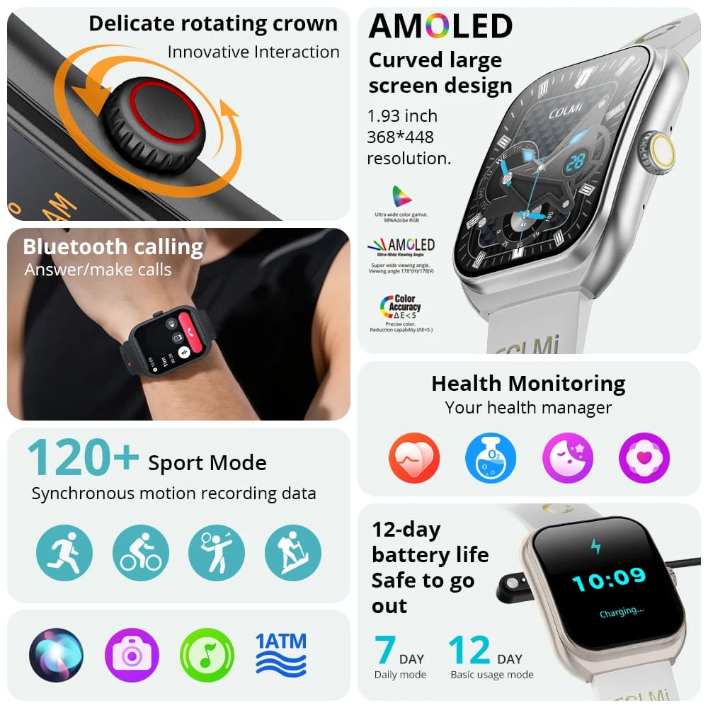 ساعة كولمي P86 الذكية الجديدة بشاشة AMOLED مقاس 1.93 بوصة للرجال، مدير صحي، مكالمات بلوتوث، مقاومة للماء بمعيار IP68، ساعة ذكية للنساء متوافقة مع هواتف شاومي وآيفون - 2