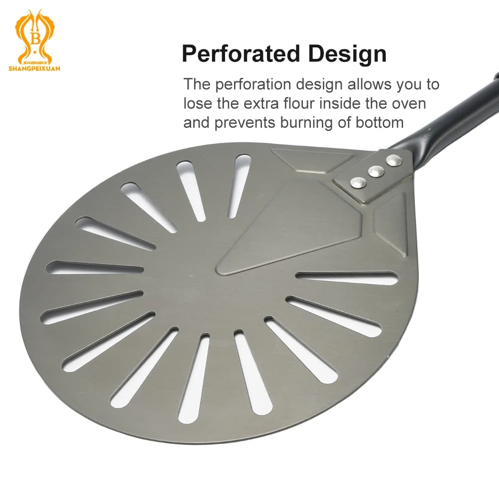 SHANGPEIXUAN 12" Hard Anodized Pizza Peel with Pizza Turning Shovel Set Perforated Rectangle Aluminum Pizza Peel Silicone Handle - 5
