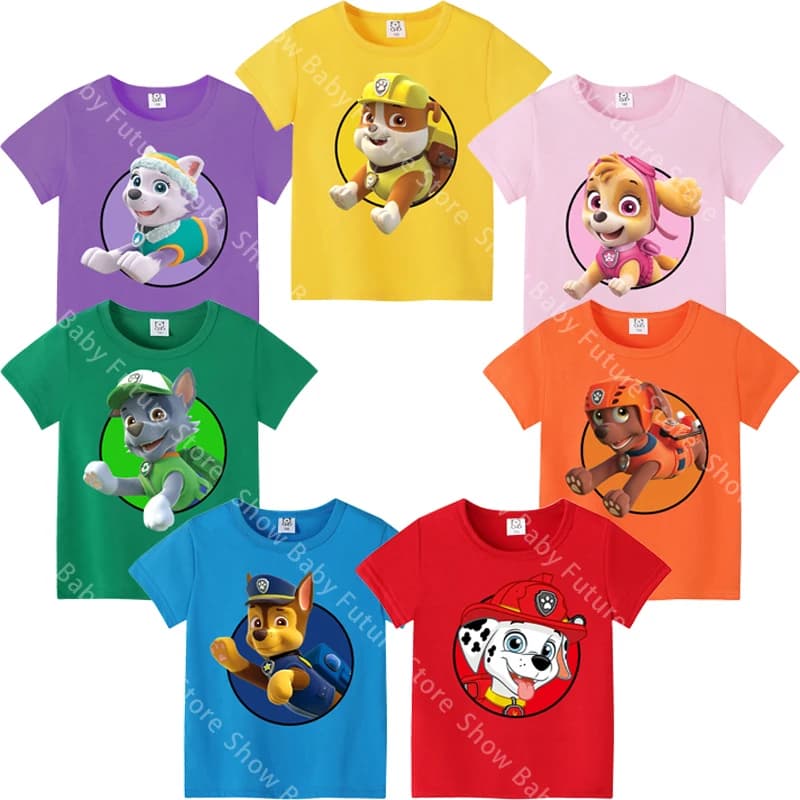 تي شيرت Paws Patrols Chase Marshall Skye Rocky للأولاد والبنات، قطن لطيف، كم قصير، هدية صيفية جديدة Kawaii