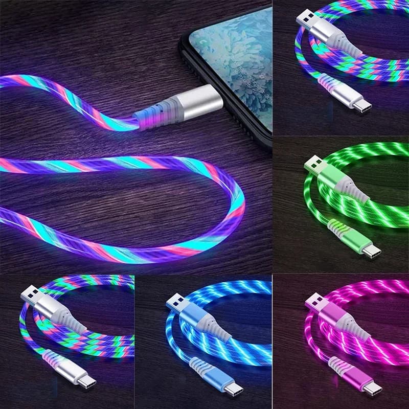شحن سريع بيانات الحبل تدفق مضيئة USB نوع C كابل 5A كابل شحن سريع متوهجة كابل LED لسامسونج Xiaomi آيفون مايكرو