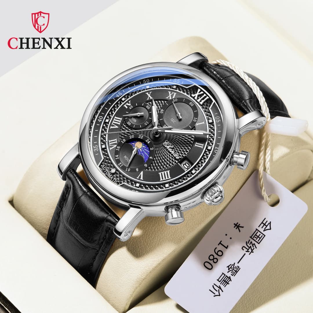 ساعة Chenxi 976 رجالية جلدية كرونوغراف مع تاريخ ومرحلة القمر، ساعة كوارتز مضيئة للأعمال - 4