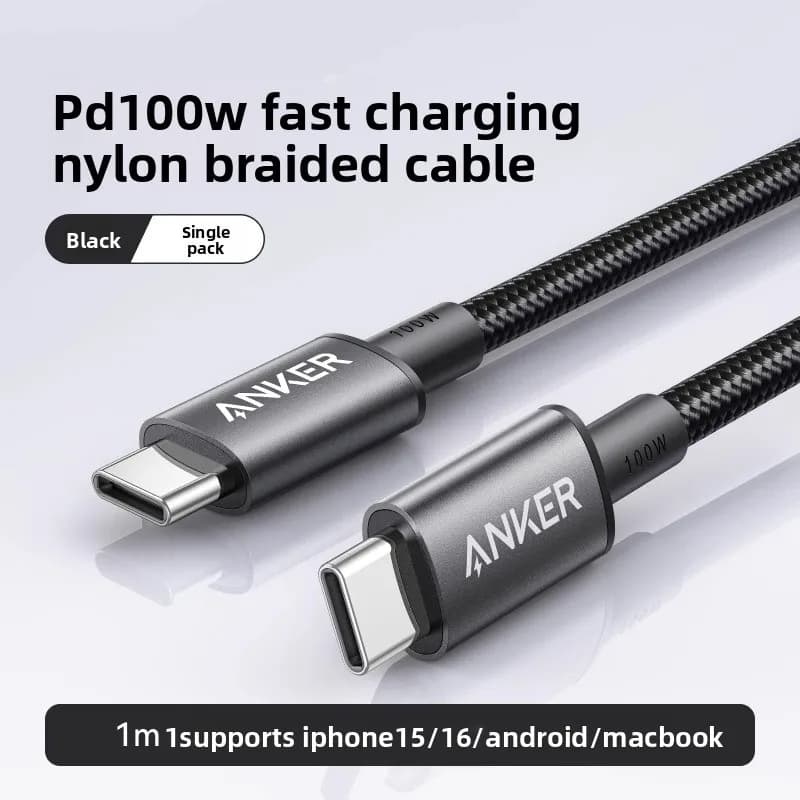 كابل شحن Anker USB-C إلى USB-C، 100 واط، شحن سريع، كابل بيانات PD، كابل شاحن Type C لأجهزة Samsung وXiaomi وMacBook والأجهزة اللوحية