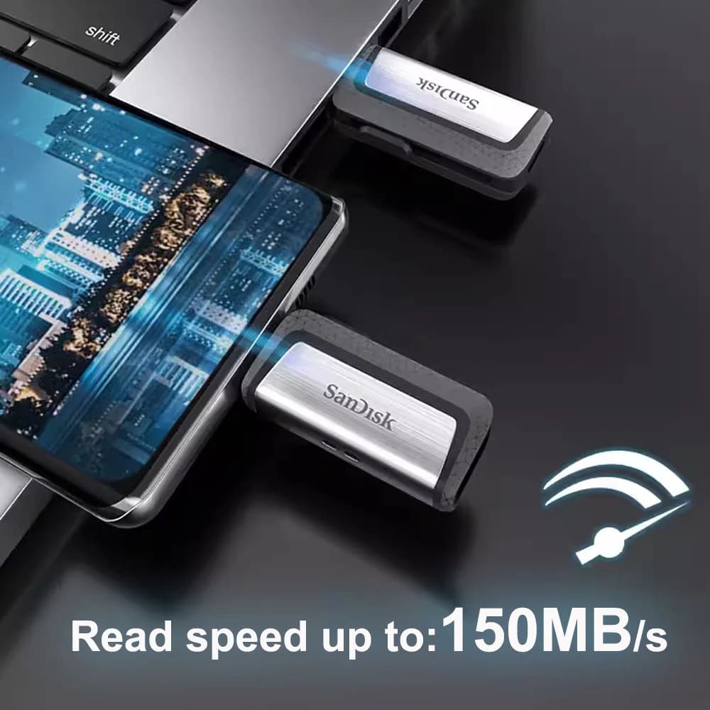 SanDisk 2-in-1 Ultra Dual Drive USB Type-C بسعات 64 جيجابايت و128 جيجابايت و256 جيجابايت OTG USB3.1 بسرعة تصل إلى 150 ميجابايت/ثانية مع منافذ USB Type-C وUSB Type-A