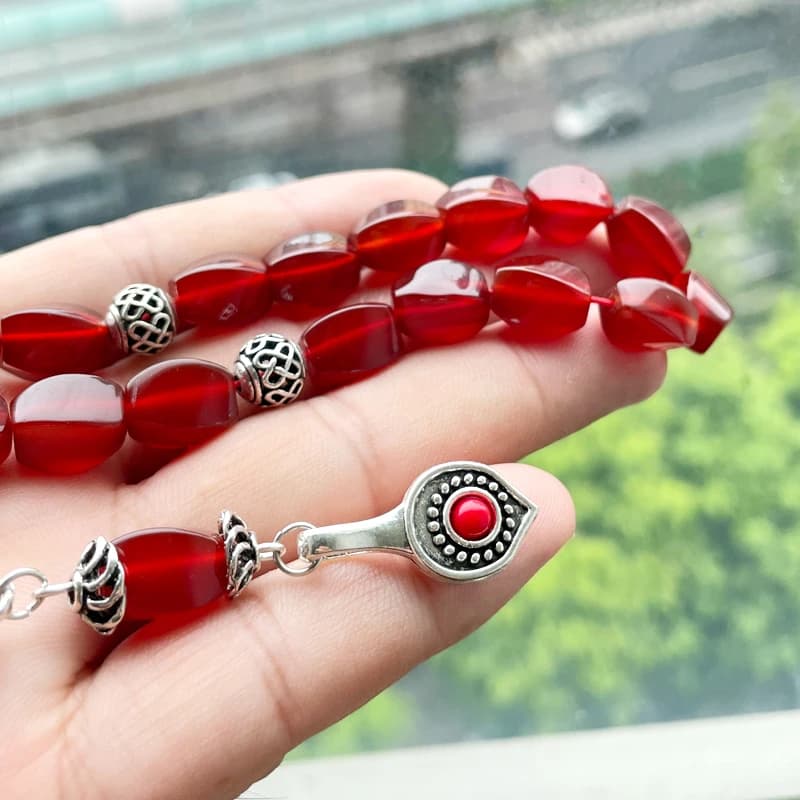 سبحة من حجر العقيق الأحمر البرازيلي الطبيعي سوار صلاة إسلامي هدية عيد الأضحى إكسسوارات مسلمة - 3