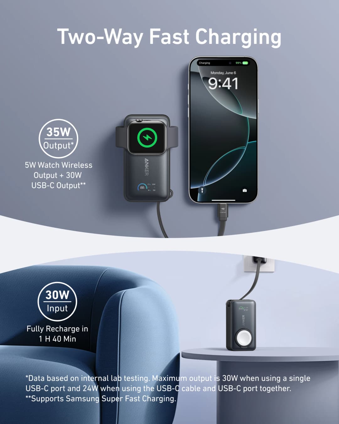 Anker MagGo Power Bank for Apple Watch, Officially Certified 10,000mAh Compact Battery Pack with Built-in USB-C Cable, 35W Max - 2
