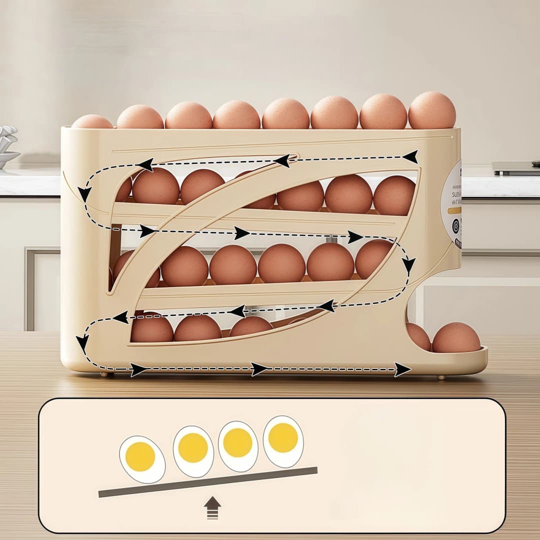 One automatic egg filling rack for the refrigerator. It slides down automatically. Saves effort and space. Large capacity - 3