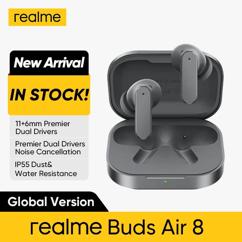 الإصدار العالمي realme Buds Air 8 55dB إلغاء ضوضاء عميق للغاية سماعة أذن لاسلكية حقيقية بلوتوث 5.4 سماعات أذن LHDC 5.0 IP55