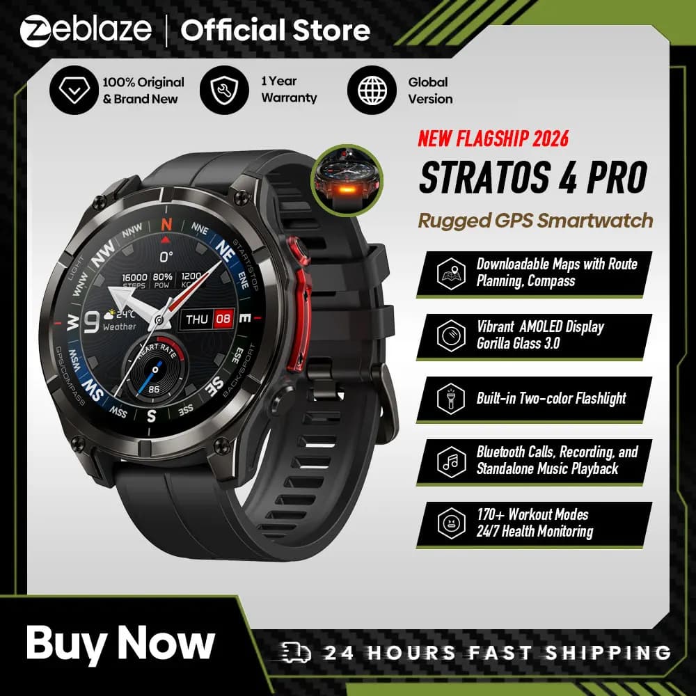 ساعة Zeblaze Stratos 4 Pro الذكية بنظام GPS، شاشة AMOLED مقاس 1.43 بوصة، كشاف مزدوج اللون، تخزين الموسيقى، أكثر من 170 وضع تمرين