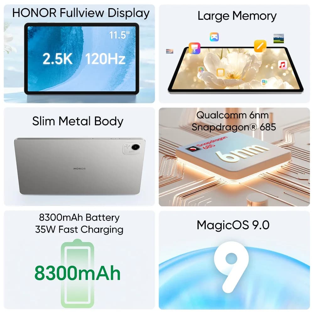 Global Version HONOR Pad X9a 11.5" 120Hz 2.5K Fullview Display Snapdragon 685 Slim Metal Body Tablet WiFi/LTE  Android15 8300mAh - 2