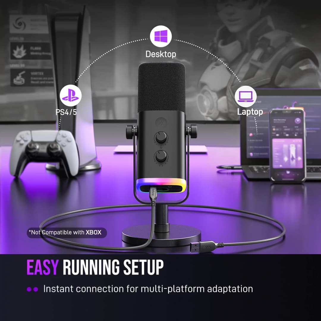 ميكروفون ديناميكي FIFINE USB/XLR مع تحكم RGB، مقبس سماعة رأس، كتم الصوت، لتسجيل ألعاب الكمبيوتر AmpliGame-AM8 - 4