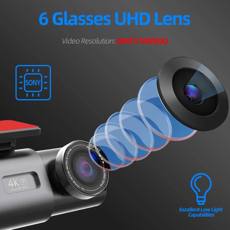 Dash Cam Dual Lens 4K UHD Recording Car Camera DVR Night Vision Video Recorder Support GPS Wi-Fi Room Black Box Rear View Camera - 5