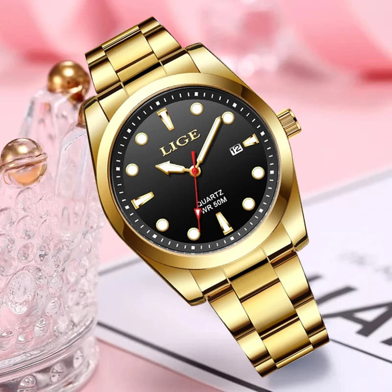 LIGE Fashion Gold Women Watches Stainless Steel Waterproof Quartz Watch Women Casual Sport Luminous Watch For Women Reloj Mujer - 2