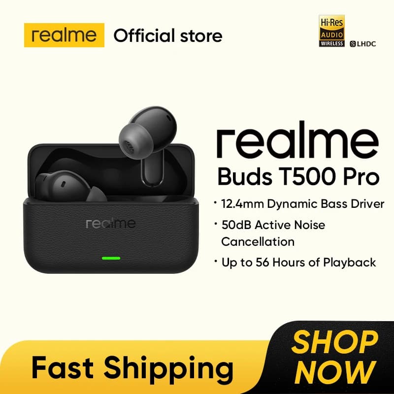 سماعات أذن realme Buds T500 Pro TWS مع إلغاء ضوضاء 50 ديسيبل وحتى 56 ساعة من التشغيل وبلوتوث 6.1 وIP55 ومشغل باس 12.4 ملم