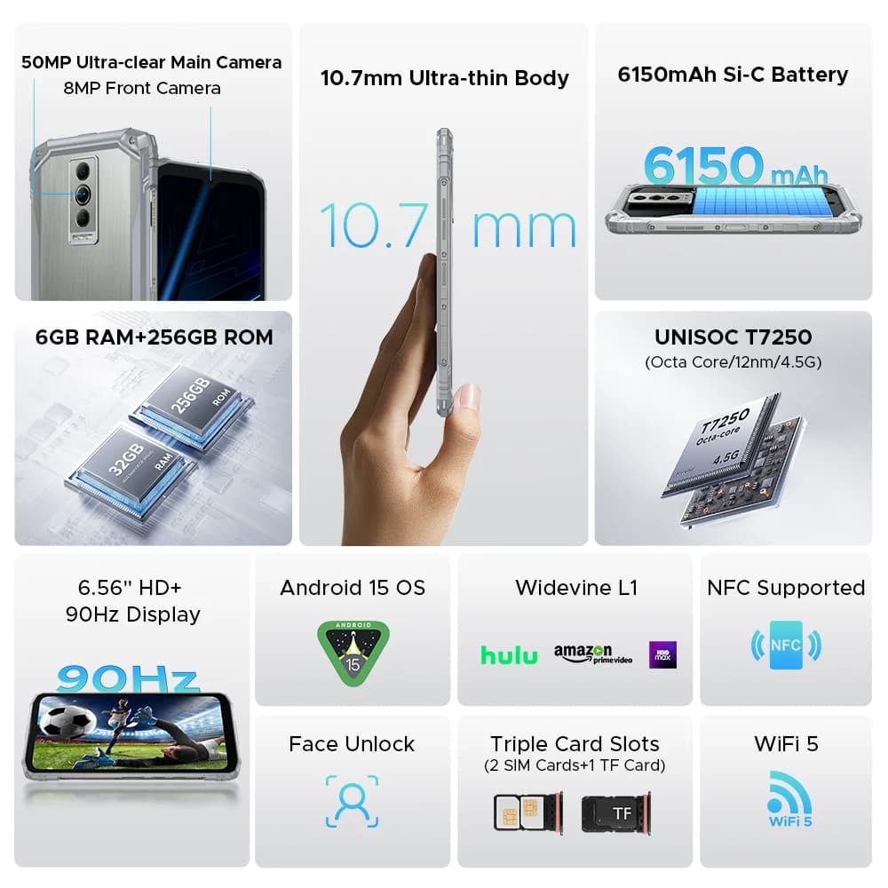 DOOGEE Blade10 Pro Energy Rugged Phone 6.56'' Screen 10.7mm Ultra-thin 6GB RAM 256GB ROM 6150mAh Battery Android 15  Smartphone - 2