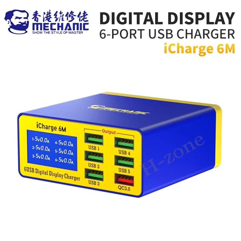 شاحن ذكي MECHANIC iCharge 6M QC 3.0 USB، يدعم الشحن السريع، بشاشة LCD رقمية، شاحن متعدد المنافذ للأجهزة اللوحية والهواتف