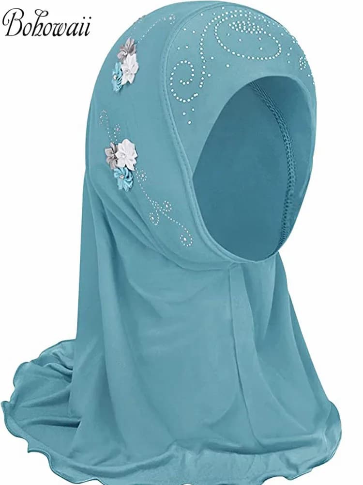 BOHOWAII حجاب أطفال بنات جاهز للارتداء، شالات إسلامية عمامة مع أوشحة زهور جيرسي، غطاء رأس (2-7 سنوات) - 2