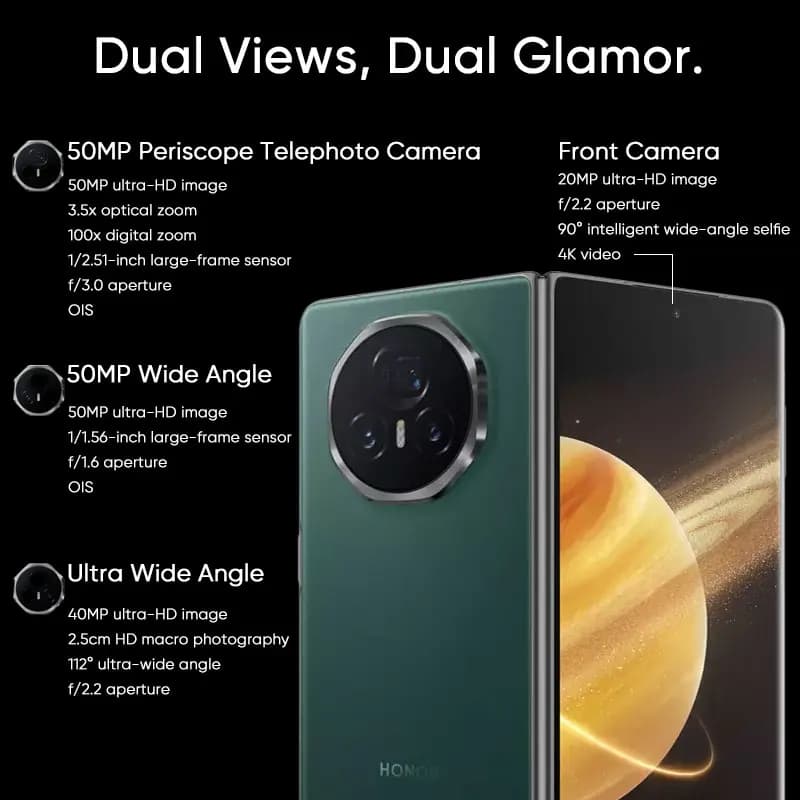 الإصدار العالمي Honor Magic V3 5G قابل للطي بشاشة LTPO OLED بمعدل تحديث 120 هرتز مقاس 7.92 بوصة وكاميرات ثلاثية بدقة 50 ميجابكسل ومعالج Snapdragon 8 Gen 3 وبطارية سعة 5150 مللي أمبير في الساعة وشحن سريع 66 واط وNFC - 5