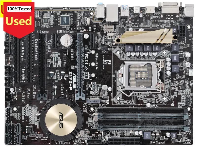 لوحة أم مستعملة Asus Z170-P، شريحة Z170، مقبس LGA 1151، معالجات i7/i5/i3، ذاكرة DDR4 64 جيجابايت، M.2 SATA3، USB3.0، ATX، للجيل السادس أو السابع