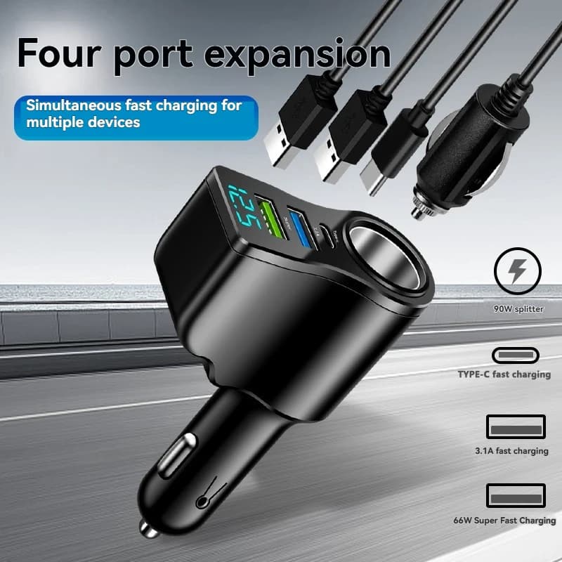 شاحن سيارة جديد بشاشة رقمية، شحن سريع، شاحن سيارة مزدوج USB، ولاعة سجائر من واحدة إلى ثلاث، شاحن سيارة متعدد الوظائف 66 واط