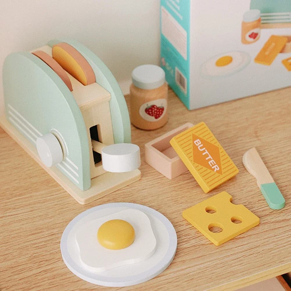 Wooden Toaster Toy Kids Bread Machine Kit Pretend Play Kitchen Toys Set Breakfast Educational Toys Gifts for Girls Boys - 2