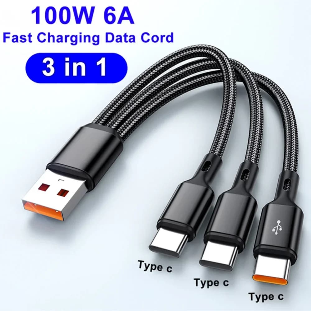 كابل بيانات شحن سريع 3-في-1، USB-A إلى 3×Type-C، 100 واط، 6A، لهواتف Samsung Galaxy S24 وS23 وXiaomi Redmi وHuawei، كابل شحن من النايلون بطول 1.2 متر