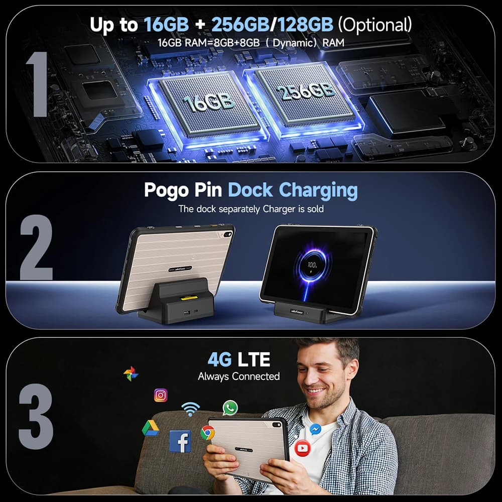 جهاز Ulefone RugKing Pad 2 Pro اللوحي المتين ببطارية 10200 مللي أمبير وشاشة 10.1 بوصة وذاكرة تصل إلى 16 جيجابايت وسعة تخزين 256 جيجابايت بنظام أندرويد 16 وكاميرا 48 ميجابكسل و4G، نسخة عالمية - 3