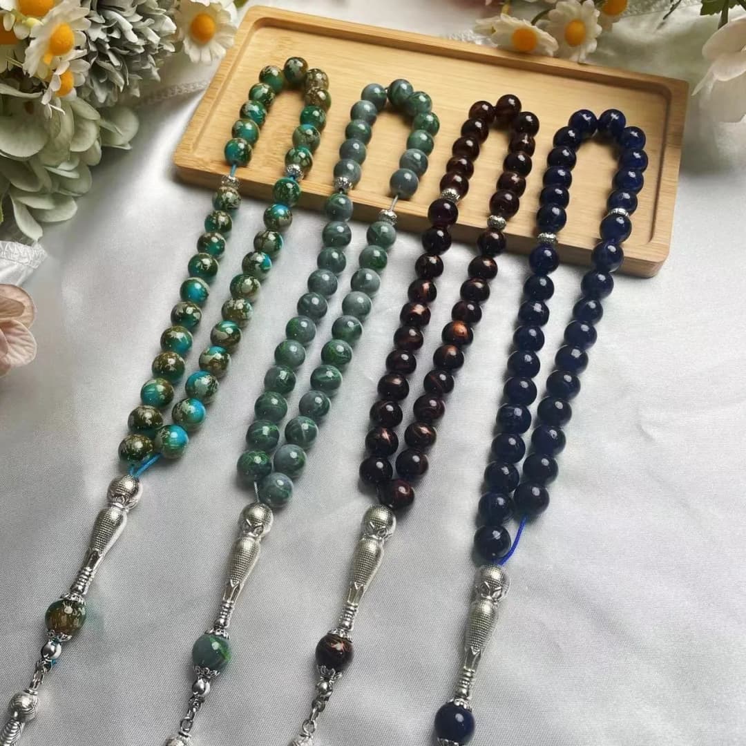 Green Veined Stone Islamic Prayer Beads Tesbih, Silver Celtic Knot Arabic Muslim Worship Rosary, Middle Eastern Jewelry Gift